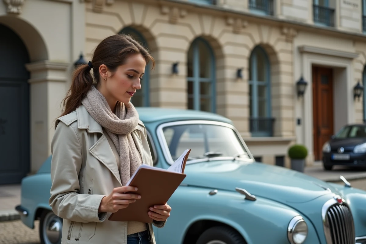 Jeune femme examinant un document près d