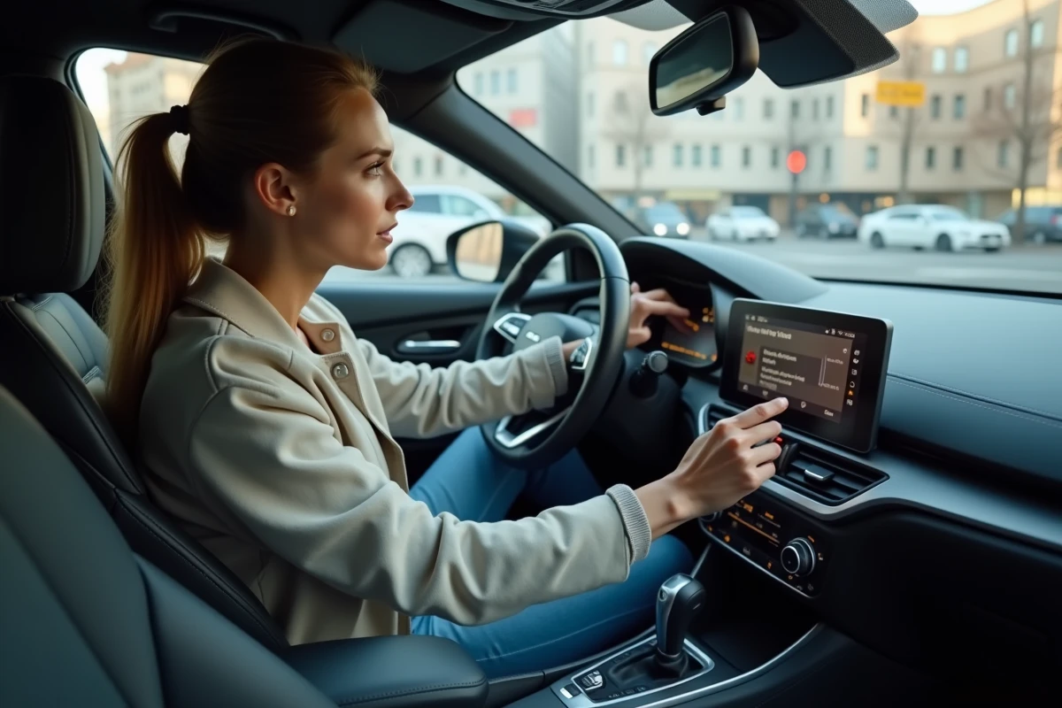 Jeune femme regarde le tableau de bord de sa voiture