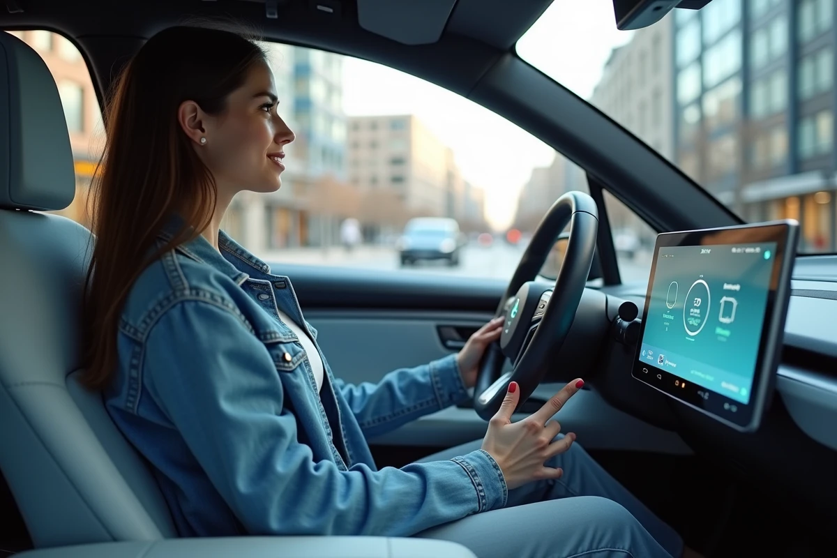 Jeune femme dans voiture électrique moderne