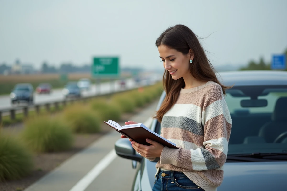 Jeune femme lisant un carnet de voyage près de sa voiture hybride