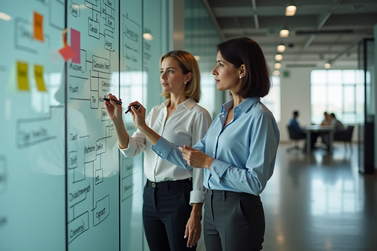 Deux femmes professionnelles écrivant sur un mur de brainstorming