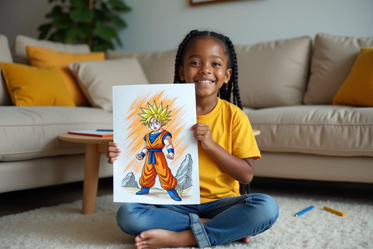 Jeune fille fière montrant sa planche Dragon Ball Z complètement coloriée dans un salon
