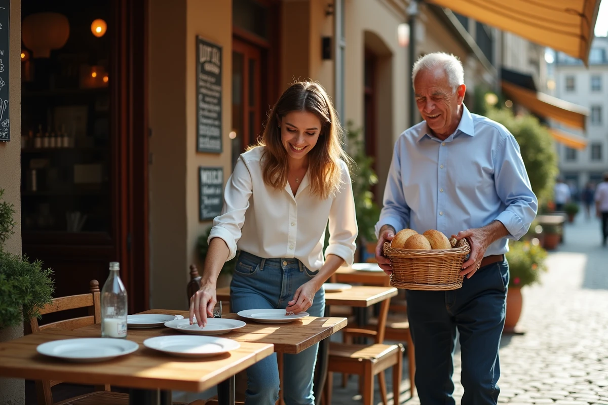Fille aidant son père à servir dehors
