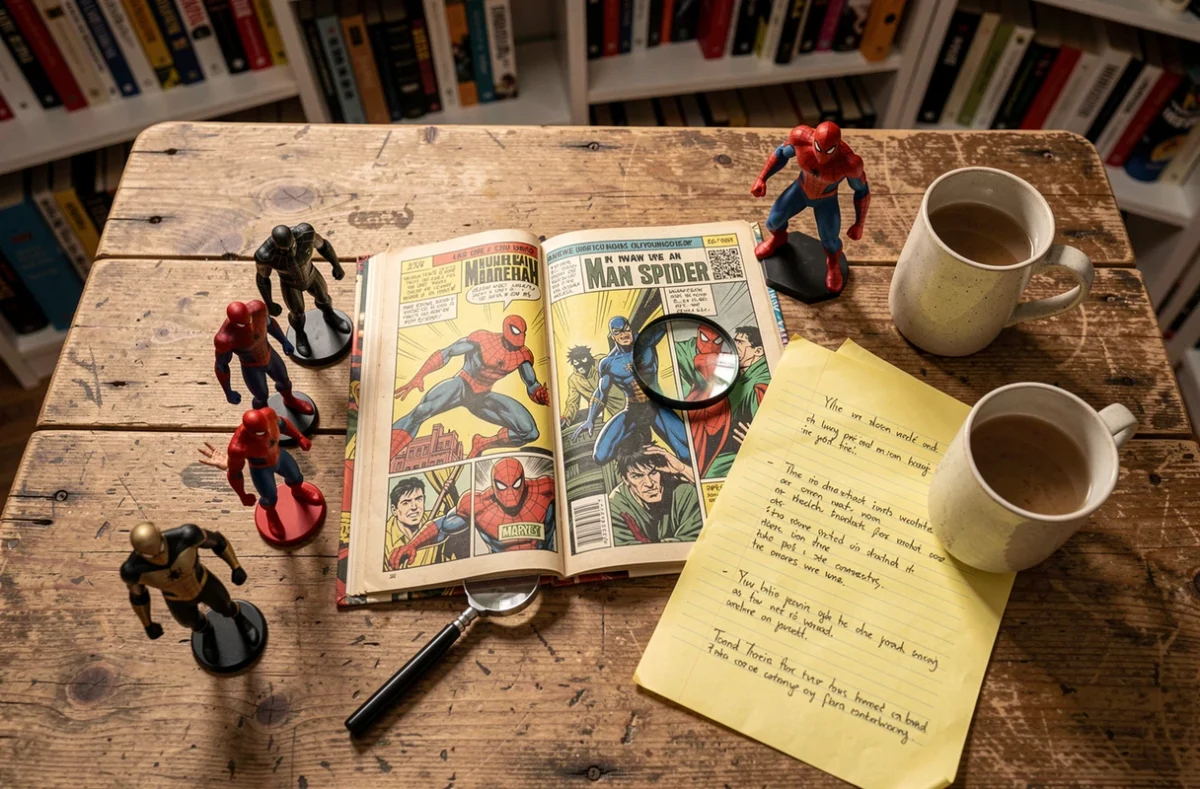 Flat lay de comics et figurines Man Spider sur une table en bois pour les fans de Marvel