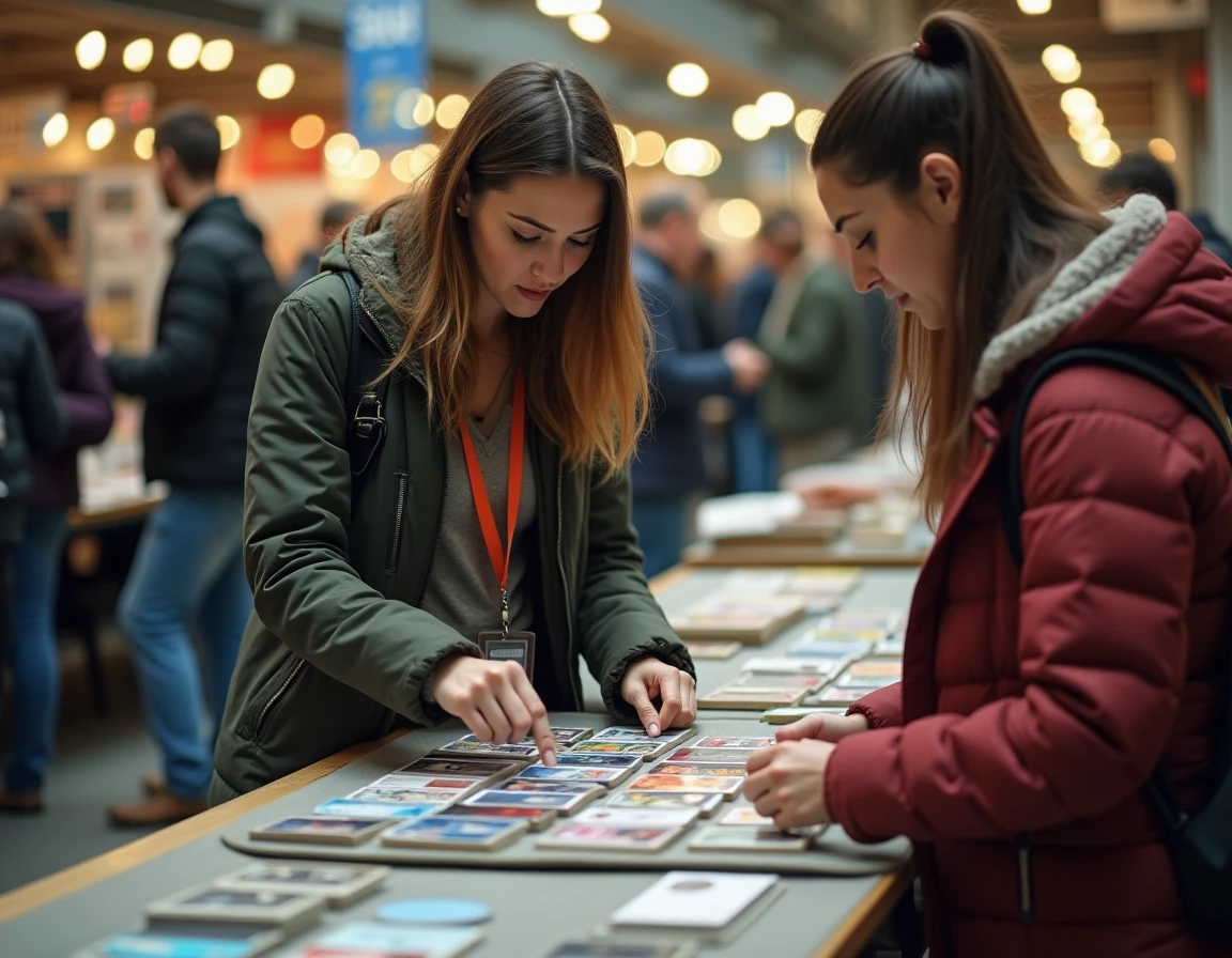 Deux collectionneuses comparant des cartes téléphoniques sur une table de foire aux collectionneurs, repérant les contrefaçons