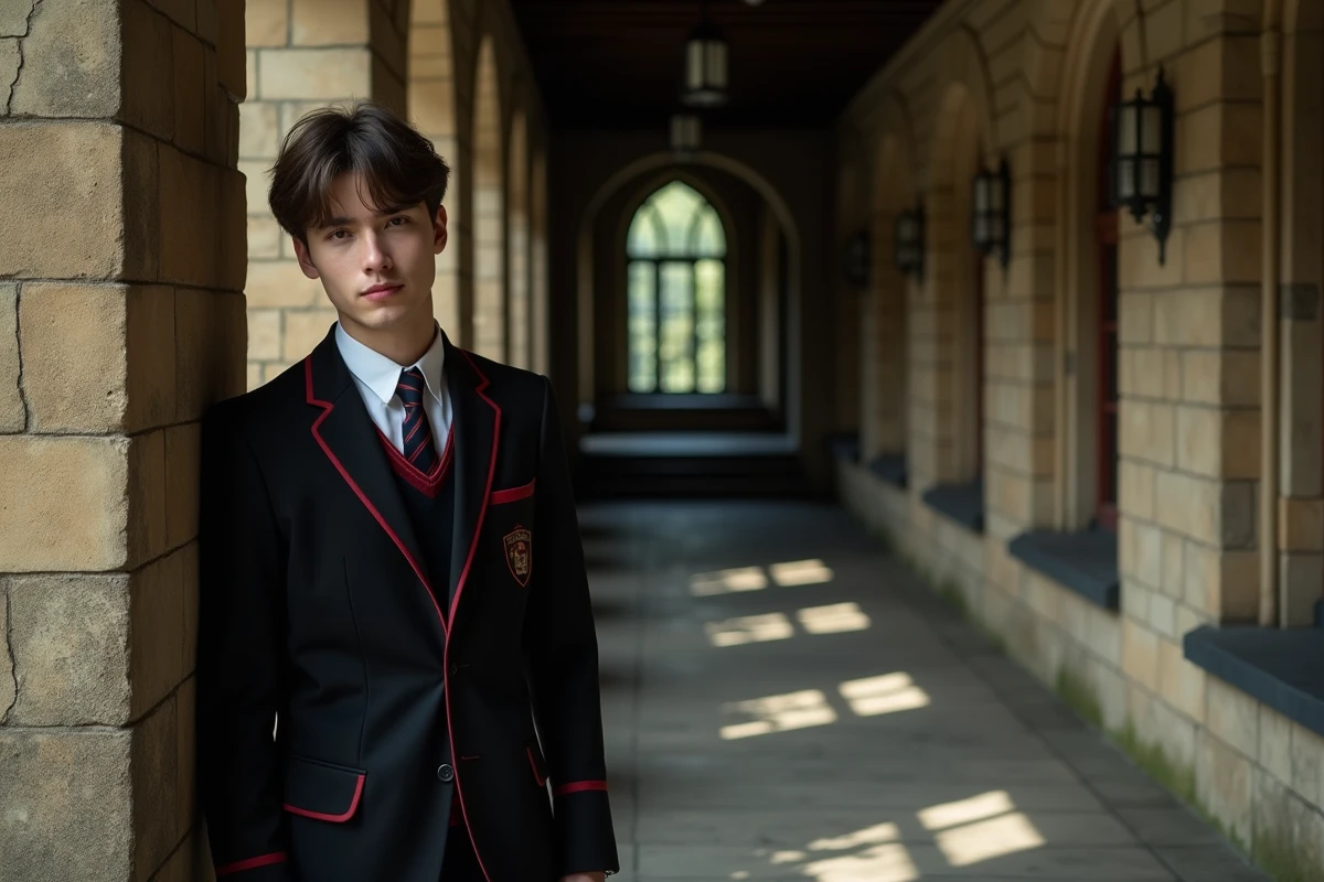 Modèle masculin en blazer académique noir dans un couloir de pierre gothique, posture décontractée et regard acéré illustrant l'univers du manga Demon Academy