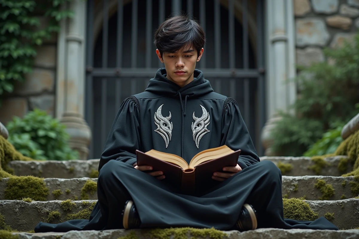 Jeune homme en robe académique sombre lisant sur des marches de pierre mousseuses dans une cour de château fantastique, ambiance manga The Fox-Eyed Villain of the Demon Academy