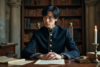 Jeune homme en uniforme académique sombre à la bibliothèque gothique, regard calculateur évoquant le personnage antagoniste du manga The Fox-Eyed Villain of the Demon Academy