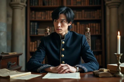 Jeune homme en uniforme académique sombre à la bibliothèque gothique, regard calculateur évoquant le personnage antagoniste du manga The Fox-Eyed Villain of the Demon Academy