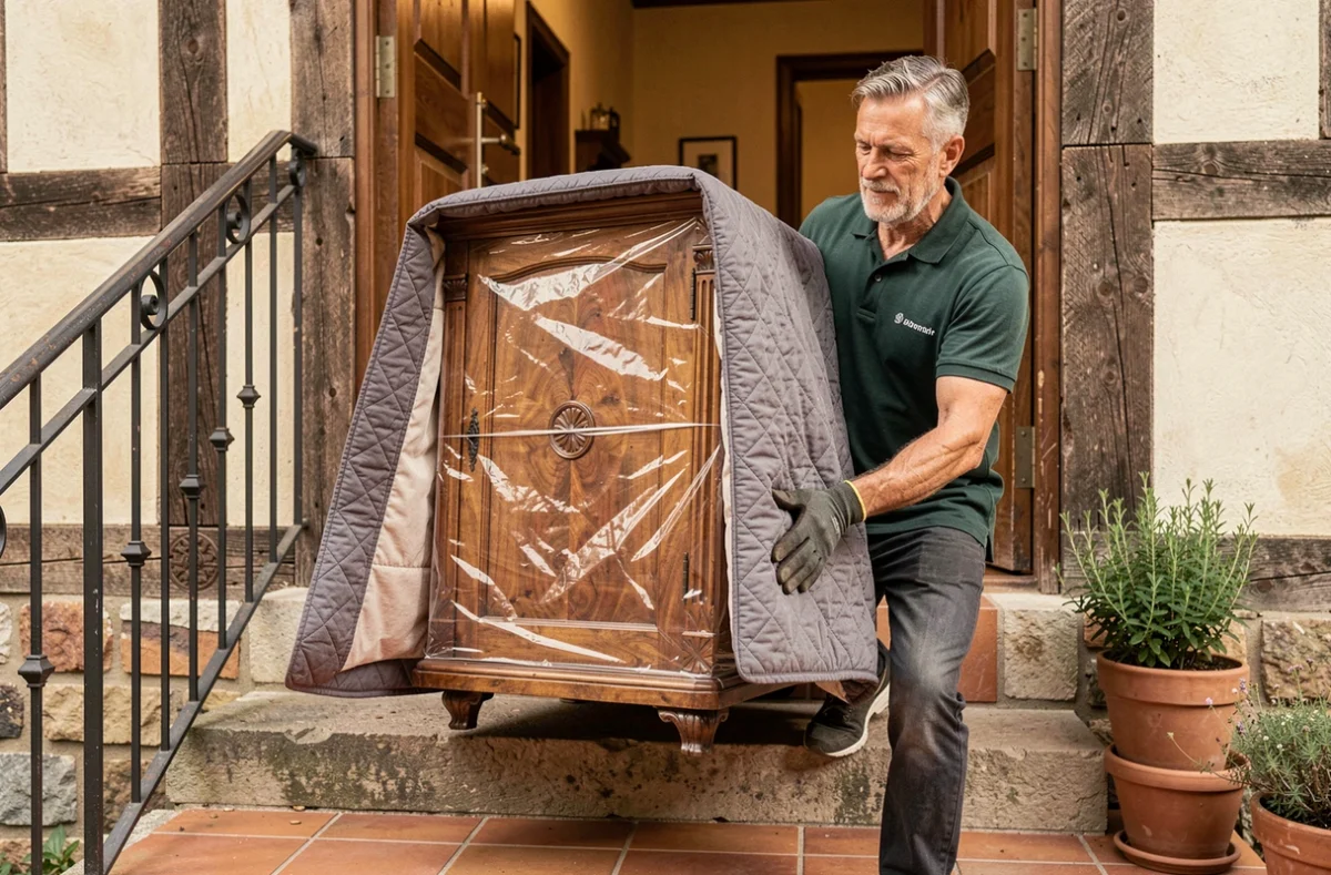 Déménageur professionnel de Gangloff M. et Fils portant une armoire ancienne protégée dans une maison alsacienne traditionnelle