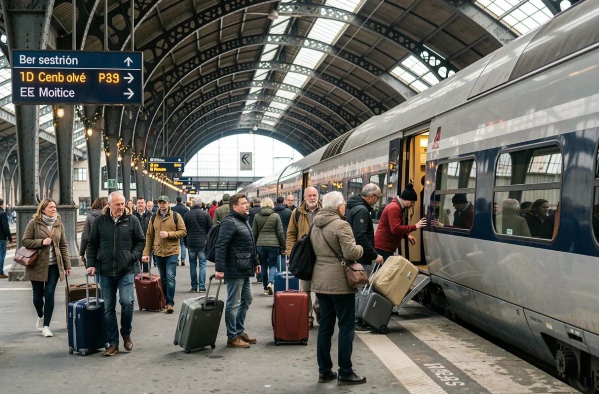 Voyageurs chargeant leurs bagages dans un TGV dans une grande gare française lors d'un jour férié 2026, illustrant la hausse des prix des transports