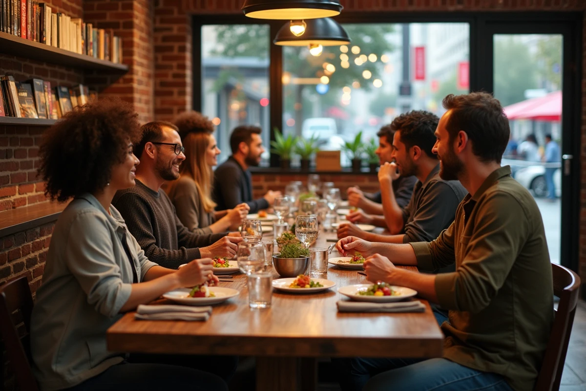 Groupe de convives dégustant des plats dans un bistro convivial