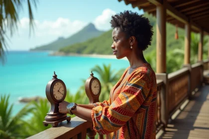 Femme en Guadeloupe tenant une horloge analogique et regardant sa montre sur une terrasse en bois avec vue sur la mer des Caraïbes