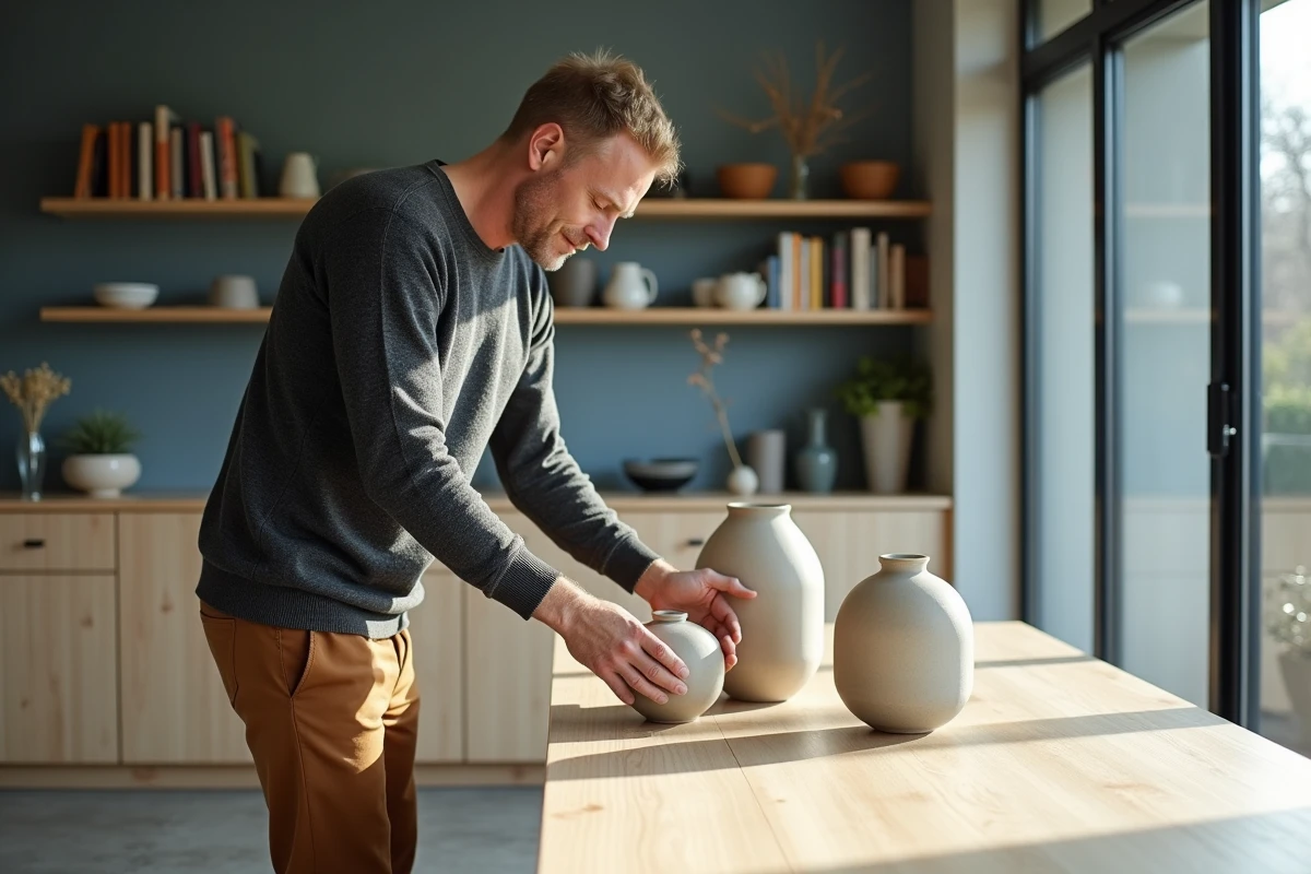 Homme middleaged arrangeant vases dans salle à manger