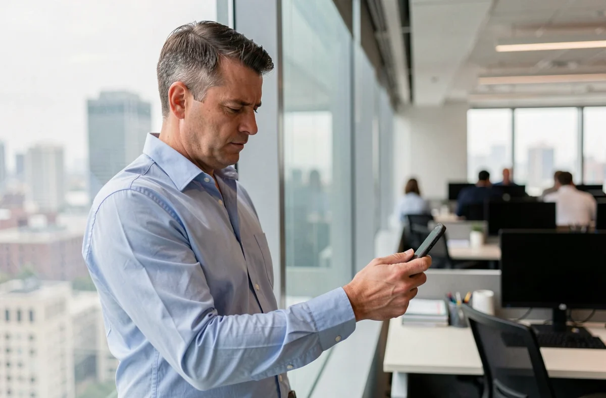 Homme en bureau examinant un numéro de téléphone inconnu sur son smartphone