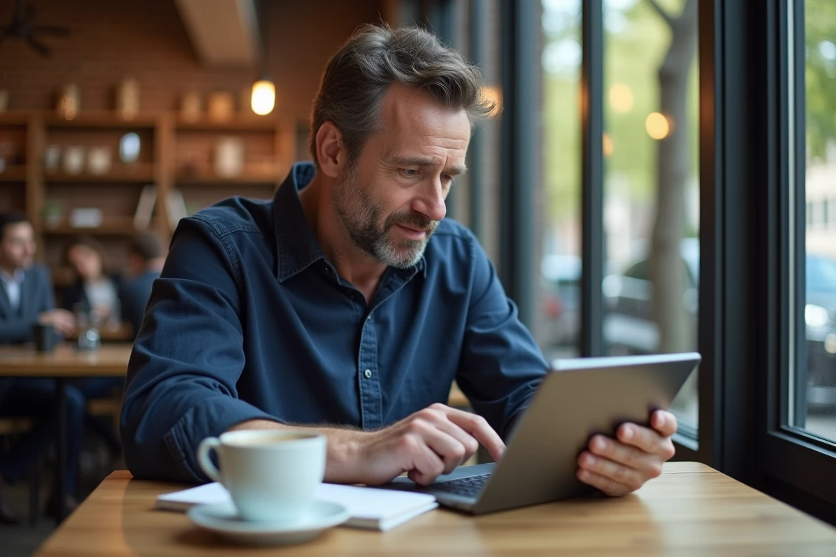 Homme au café comparant traduction sur tablette et smartphone