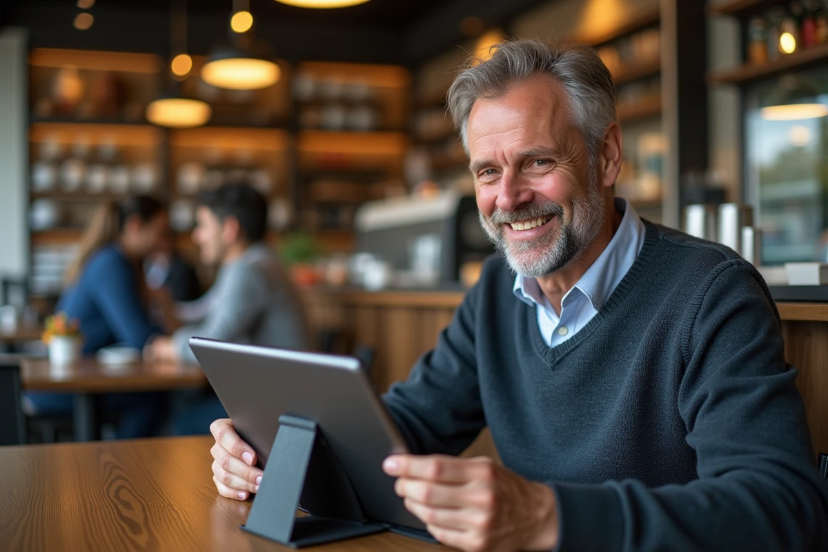 Homme souriant utilisant une application de traduction dans un café
