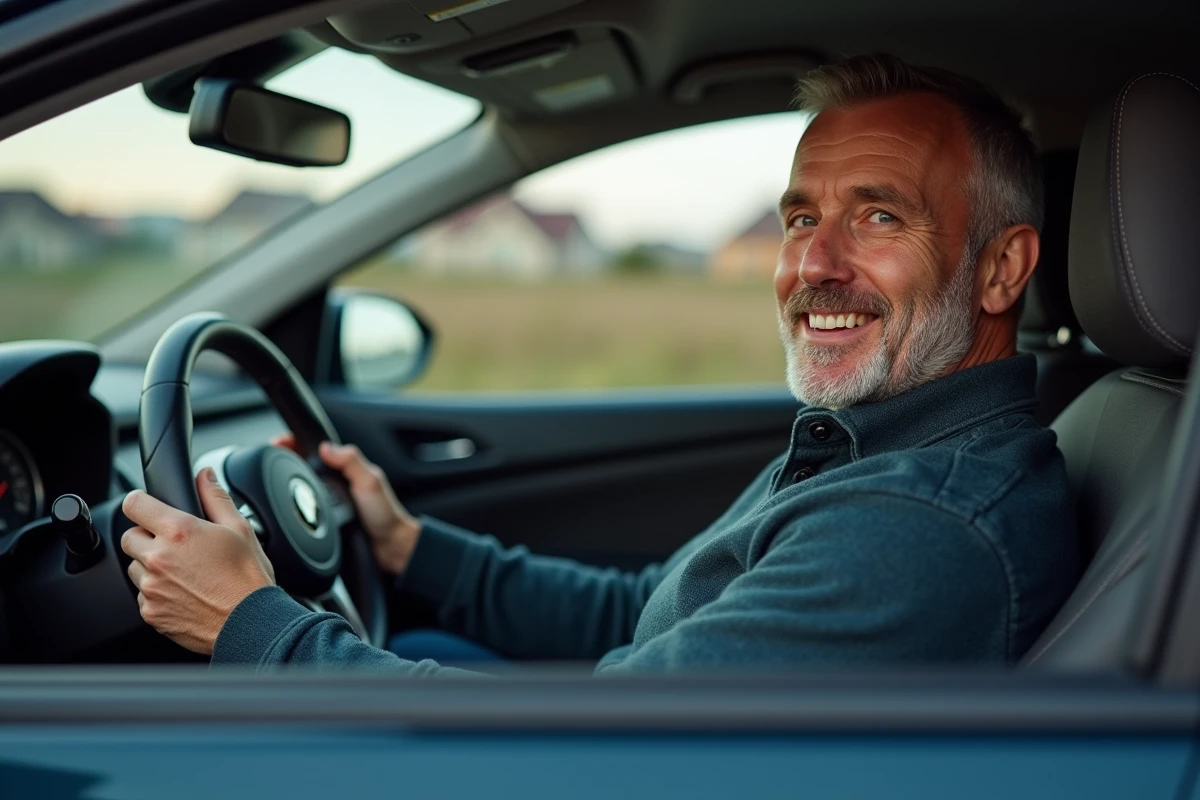 Homme détendu dans une voiture familiale moderne