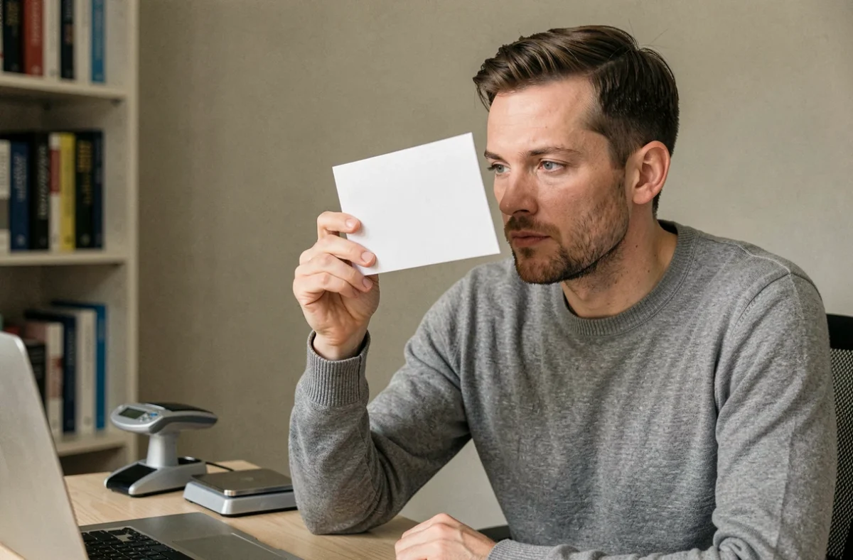 Homme examinant une enveloppe à affranchir à son bureau à domicile avec une balance numérique en arrière-plan pour calculer le bon tarif postal