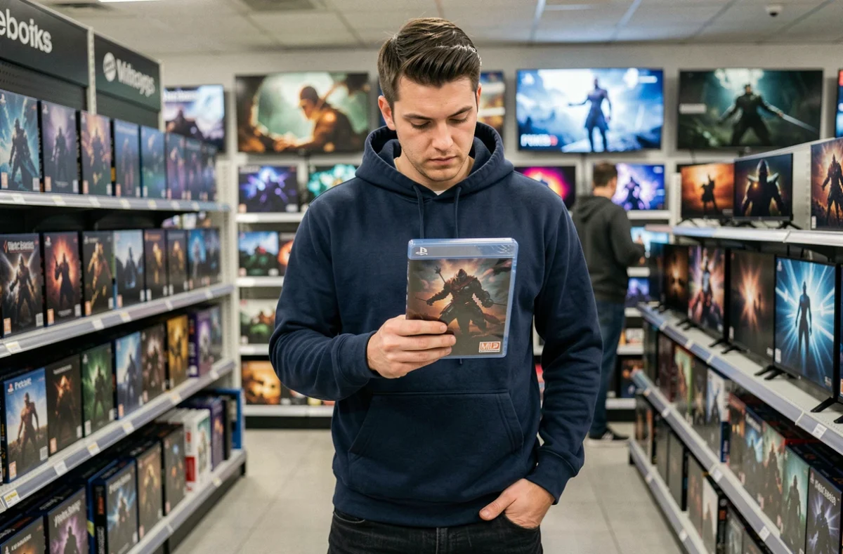 Homme examinant la jaquette du jeu Clair Obscur dans un magasin de jeux vidéo avant de l'acheter