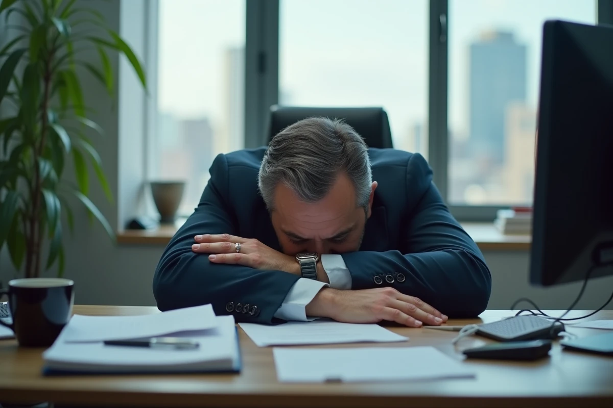 Homme fatigué au bureau avec ordinateur et papiers