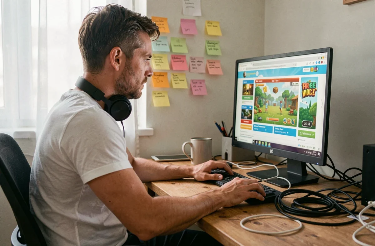 Homme jouant à un jeu en ligne gratuit sur ordinateur de bureau dans un bureau à domicile