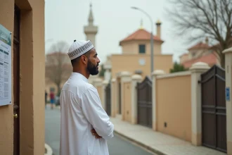 Homme en djellaba devant une mosquée de banlieue parisienne consultant les horaires de prière affichés