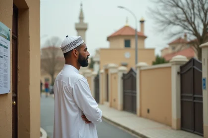 Homme en djellaba devant une mosquée de banlieue parisienne consultant les horaires de prière affichés