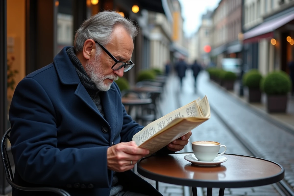 Homme âgé résolvant des mots croisés en terrasse de café dans une ville belge sous ciel nuageux