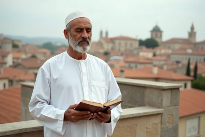 Homme en djellaba blanche tenant un livre de prières sur une terrasse avec vue sur les toits d'Agen au petit matin