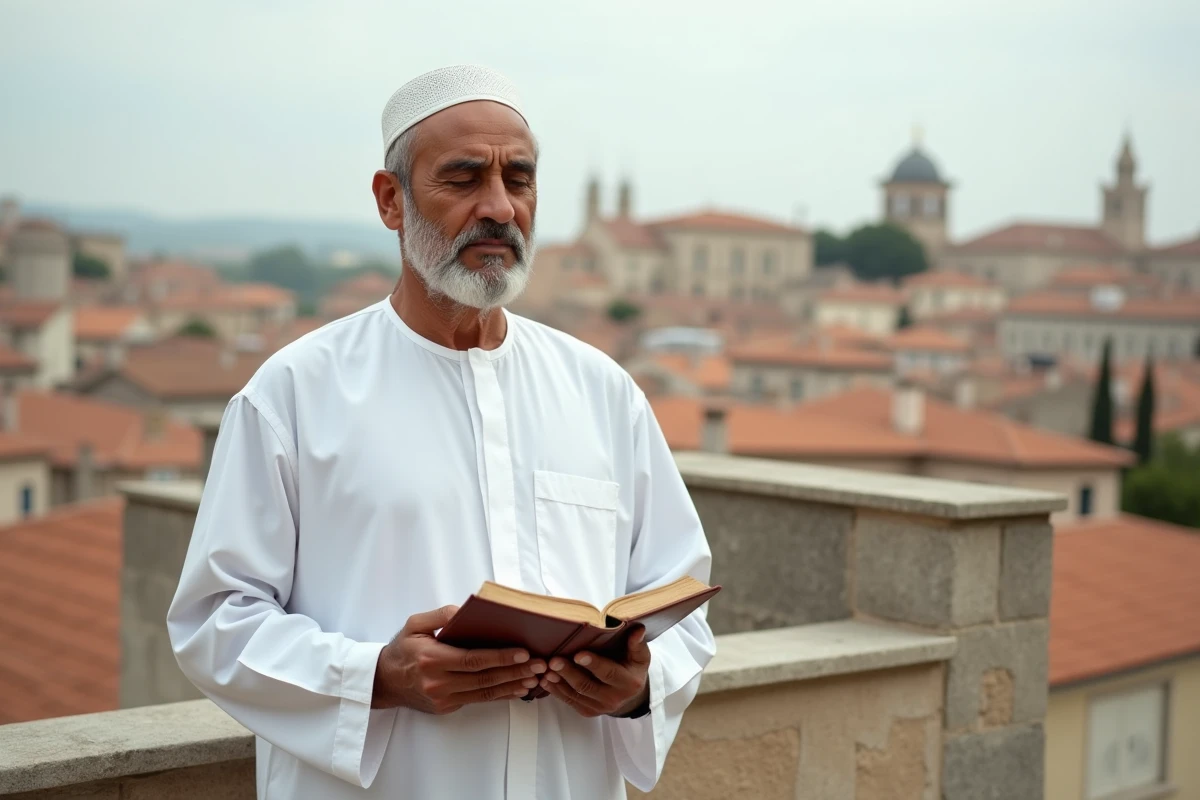 Homme en djellaba blanche tenant un livre de prières sur une terrasse avec vue sur les toits d'Agen au petit matin