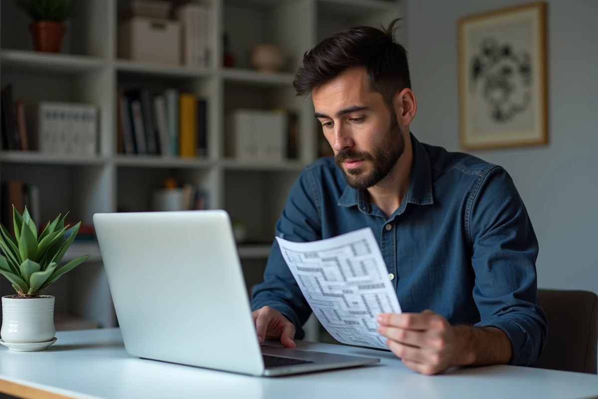 Homme consultant des indices de mots fléchés sur un ordinateur portable tout en tenant une grille imprimée dans un bureau moderne minimaliste à domicile