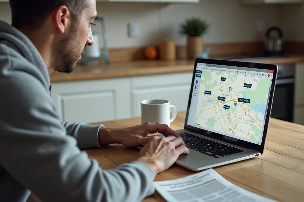 Homme consultant un site de localisation de magasins Lidl sur un ordinateur portable pour vérifier les travaux et ouvertures près de chez lui