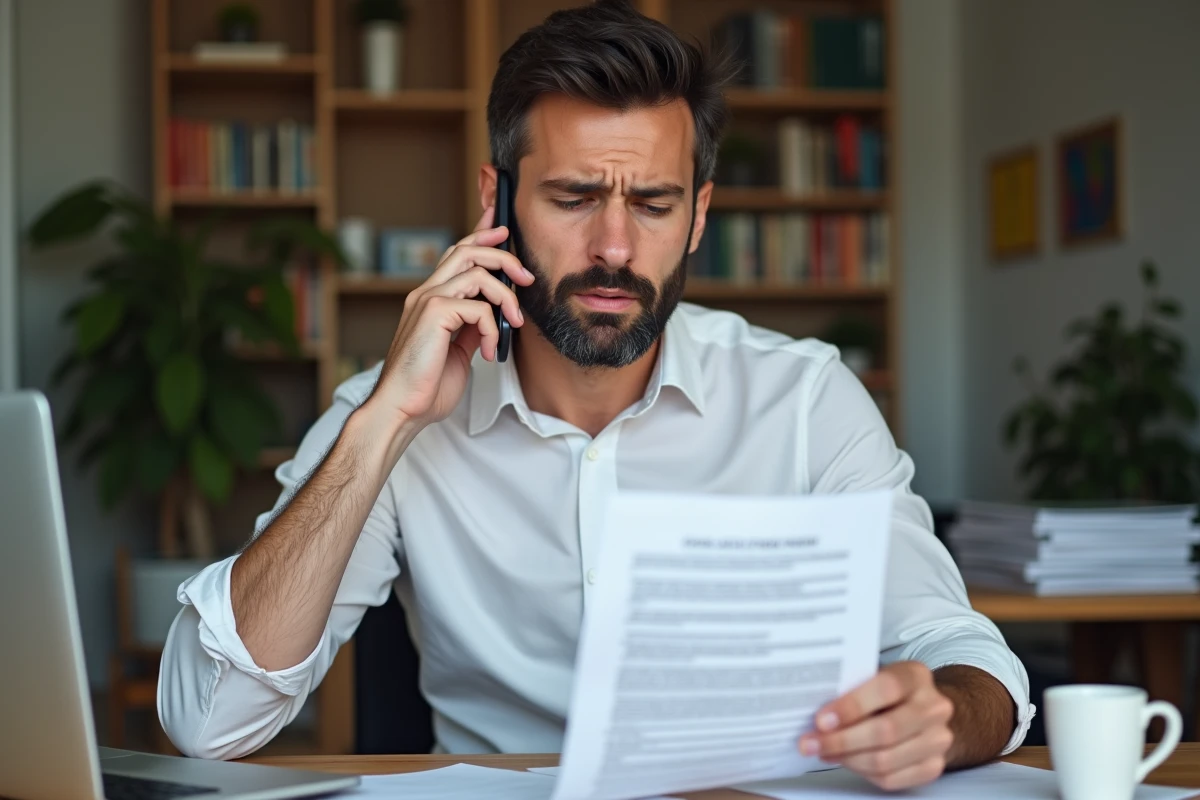 Homme contactant le service client pour contester un prélèvement bancaire après résiliation d'un abonnement magazine