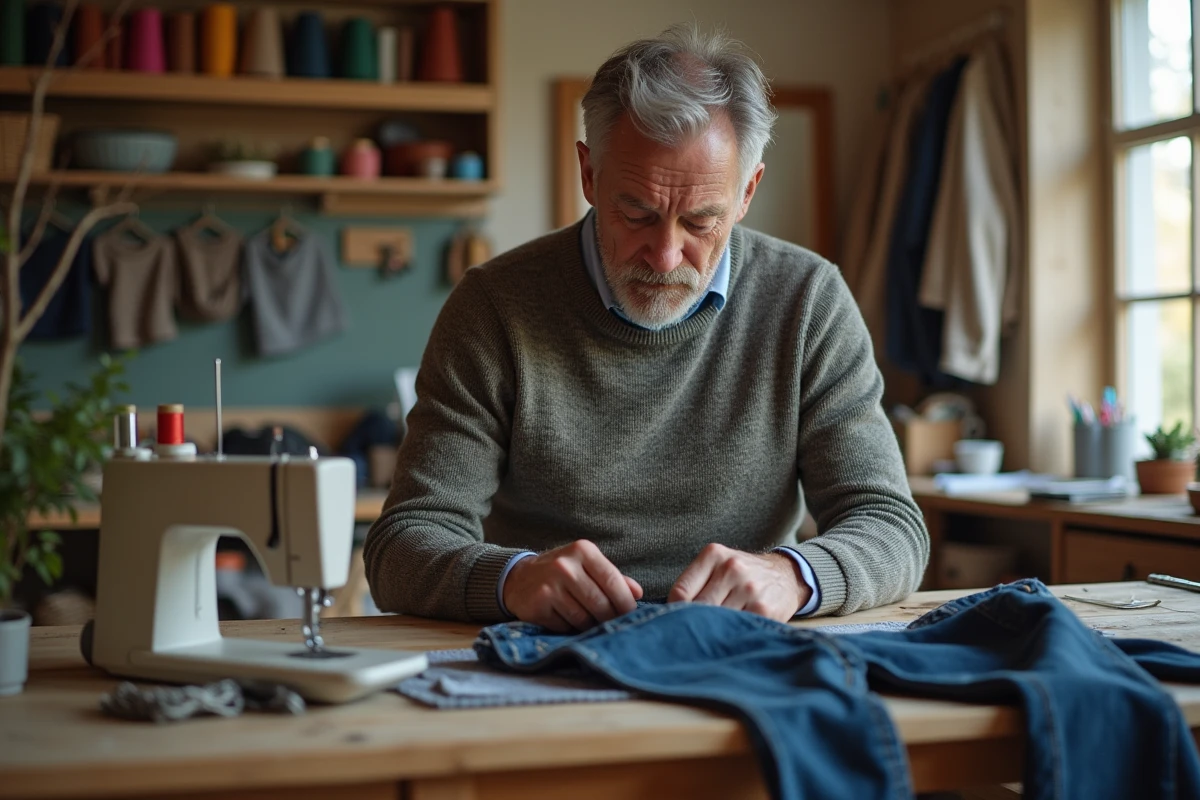 Homme répare un jean dans un atelier lumineux