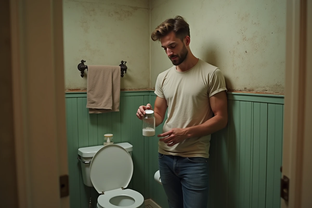 Jeune homme tenant un pot de sel dans une salle de bain ancienne