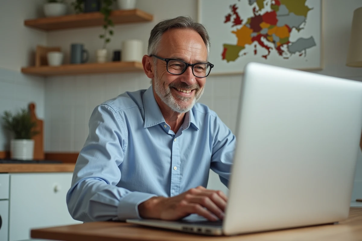 Homme en visioconference dans une cuisine scandinave