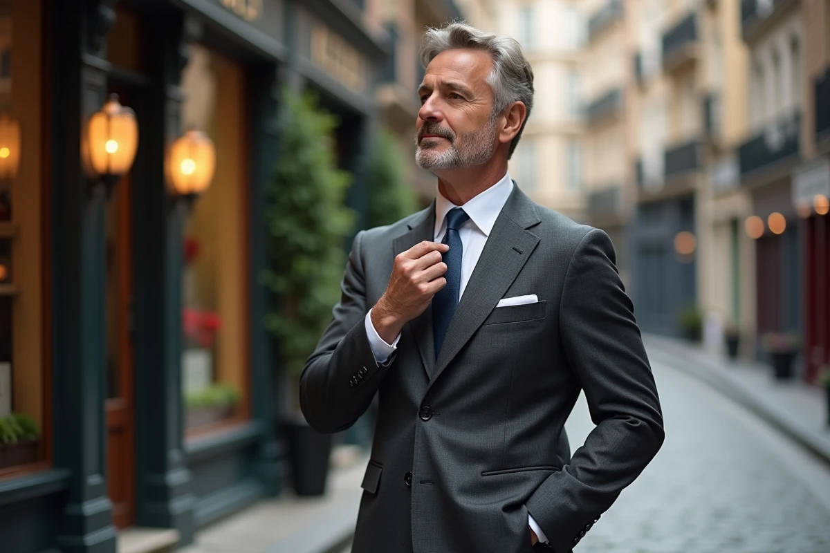 Homme en costume gris foncé sur une rue pavée élégante