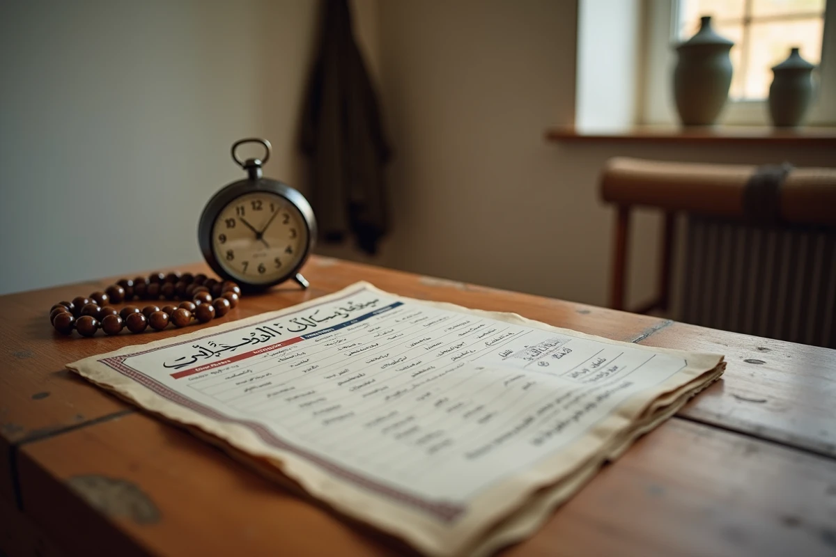 Tableau des horaires de prière imprimé avec chapelet islamique sur une table en bois dans une salle de prière
