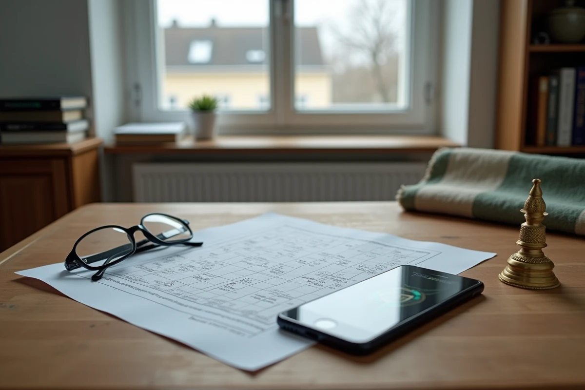 Tableau des horaires de prières 2026 posé sur un bureau avec boussole et application mobile, intérieur calme à Agen