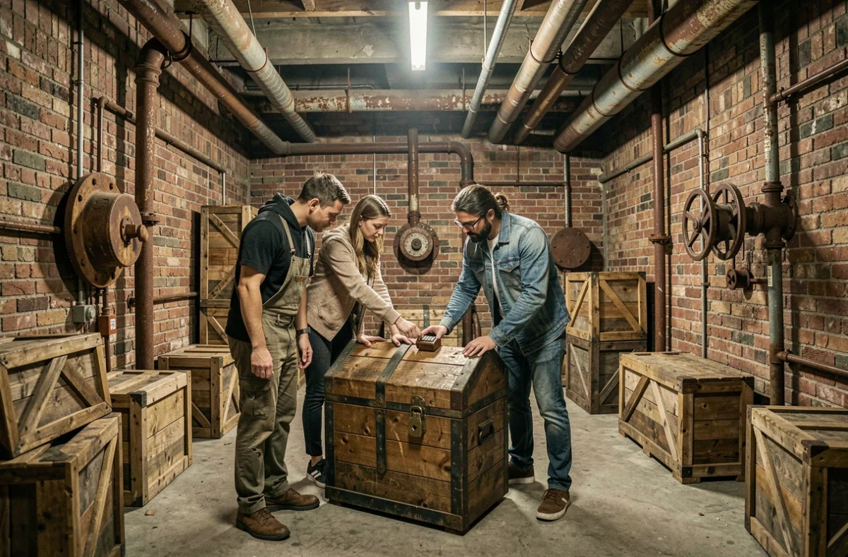 Joueurs en pleine immersion dans une salle industrielle de l'escape room Immersion à Lille