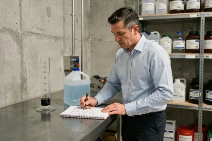 Ingénieur calculant une conversion de litres en mètres cubes dans un atelier industriel