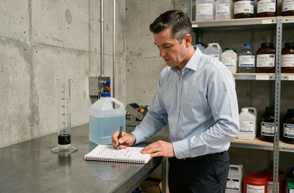 Ingénieur calculant une conversion de litres en mètres cubes dans un atelier industriel