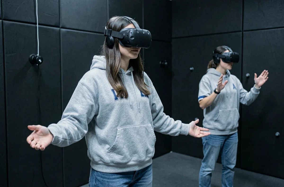 Joueuse équipée d'un casque VR dans l'espace de réalité virtuelle Inoui VR à Lille