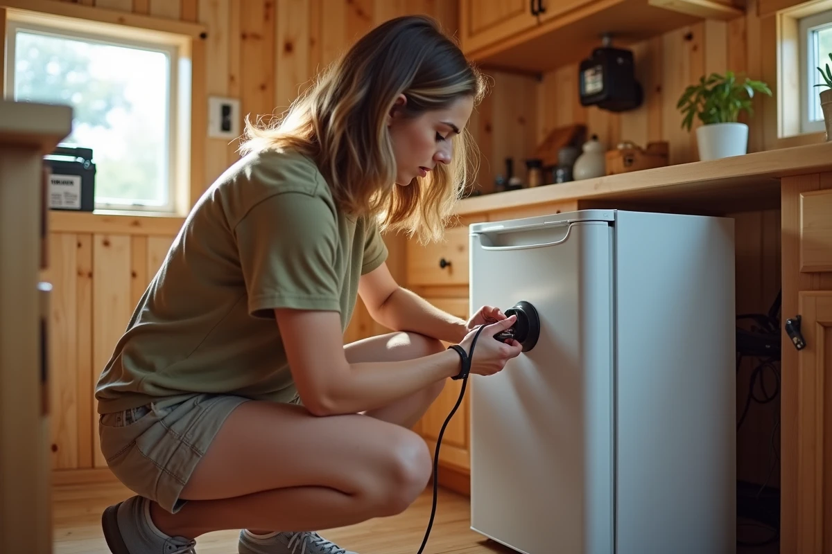 Femme installant un réfrigérateur dans une tiny house écologique