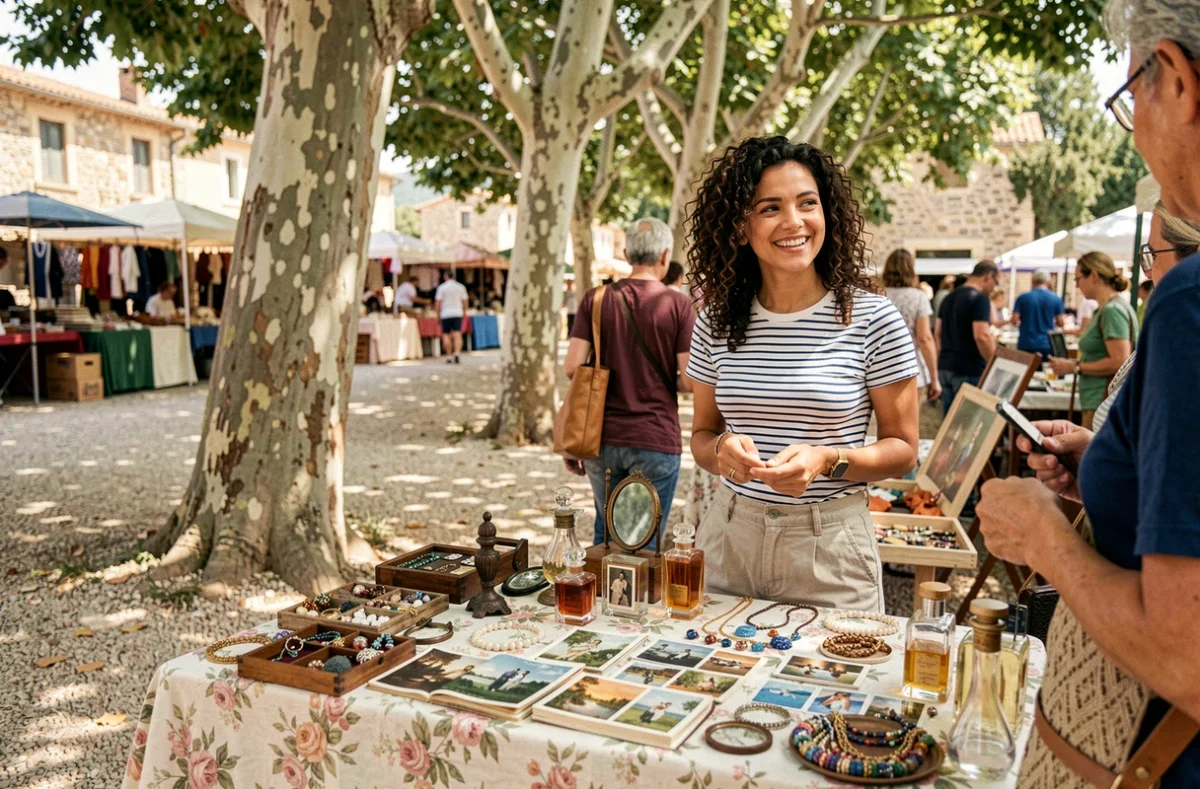 Jeune vendeuse souriante discutant avec un client devant un stand bien organisé au vide grenier en Alpes-Maritimes