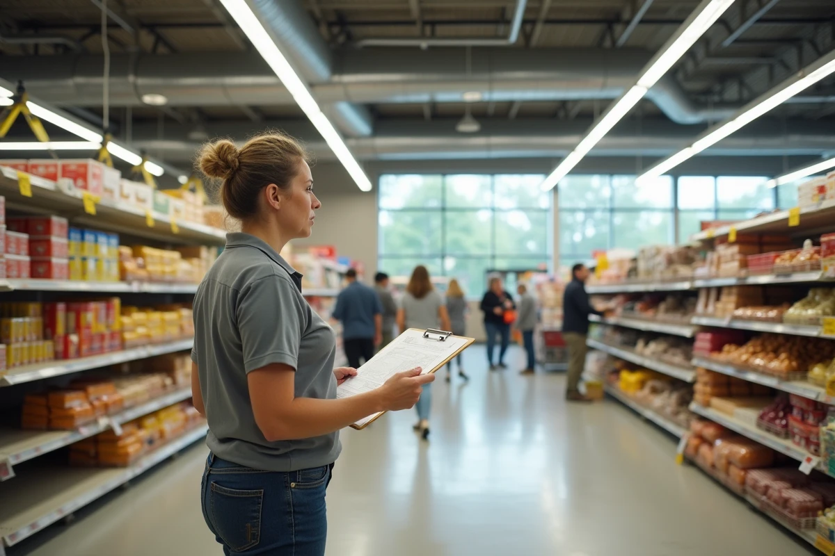 Intérieur d'un supermarché Lidl en cours de rénovation avec rayons condamnés et manager consultant les plans de travaux