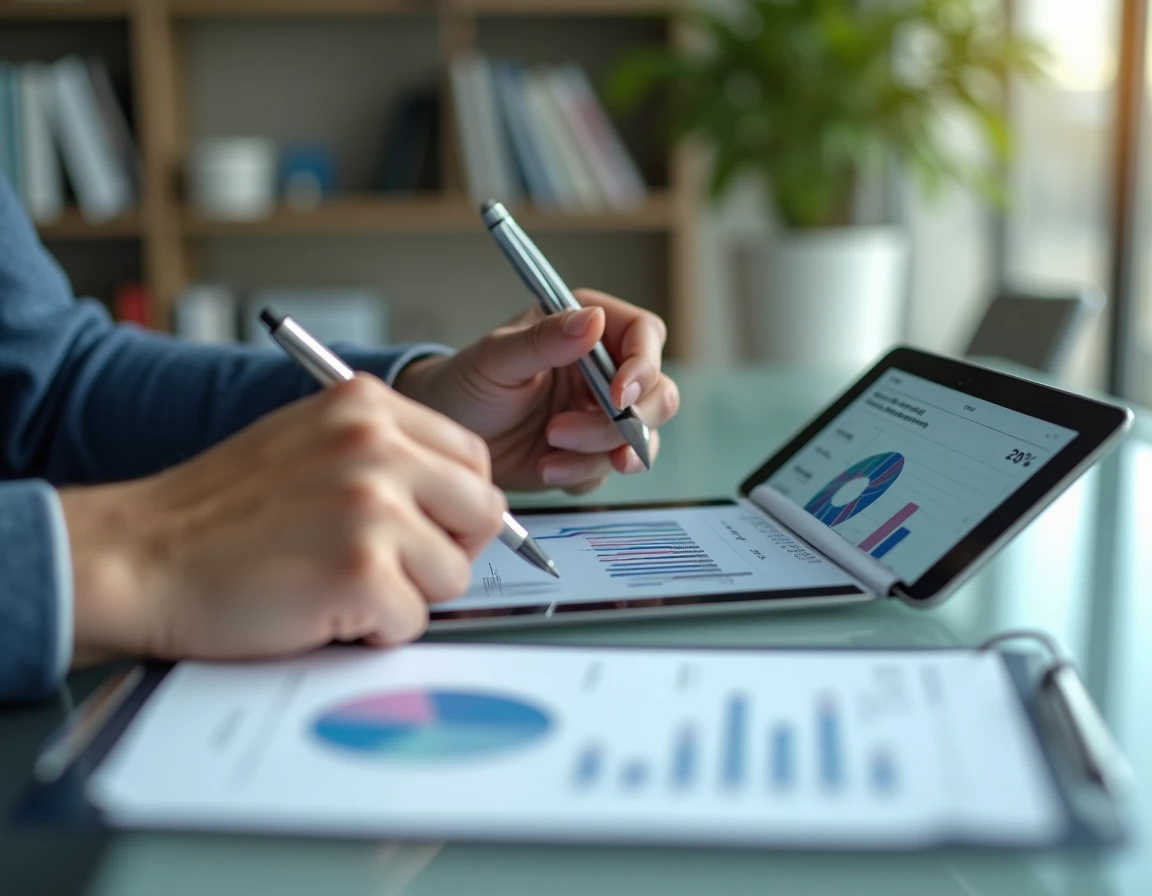 Mains d'un investisseur analysant un tableau de bord financier sur tablette avec rapport imprimé sur bureau en verre