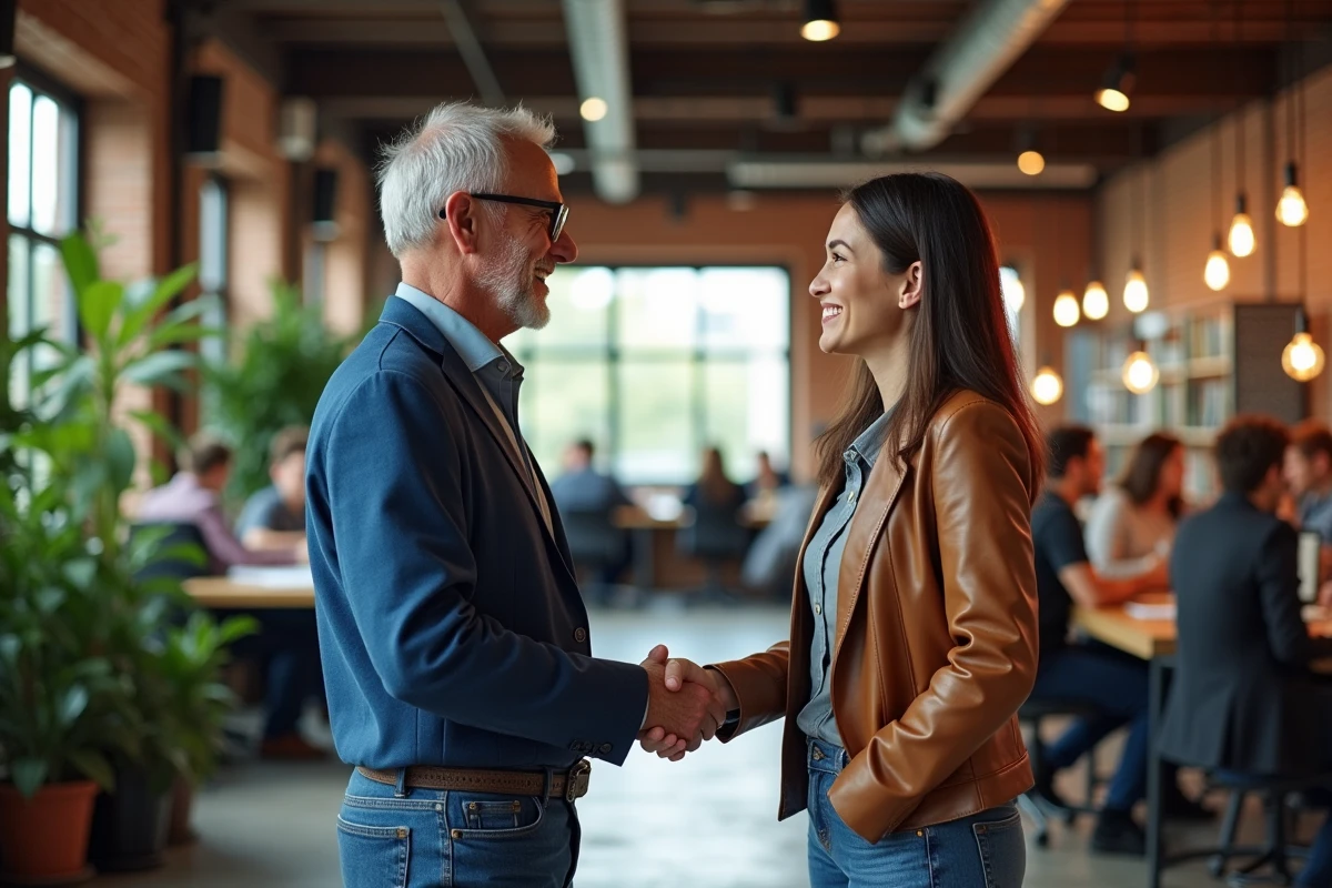 Investisseur et fondatrice se serrant la main dans un espace de coworking