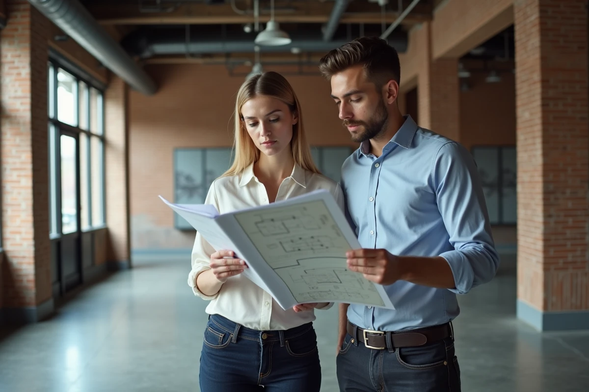 Jeune entrepreneur examinant des plans dans un espace commercial